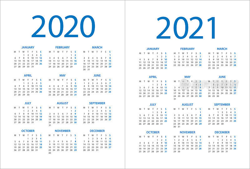 Calendar 2020 2021 - illustration. Days start from Monday